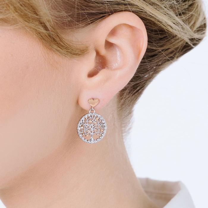 BOUCLES D'OREILLES FEMME EN ACIER ARBRE DE VIE AVEC CRISTAUX BLANCS ET COEURS IP RO