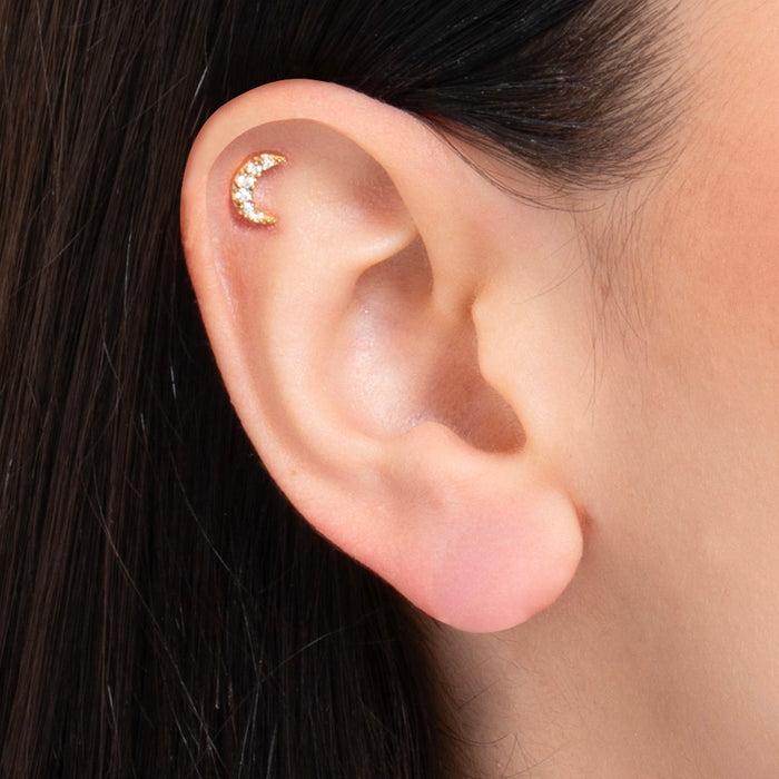 PIERCING ORECCHIO DONNA IN ACCIAIO FORMA LUNA CON ZIRCONI BIANCHI COLORE ORO