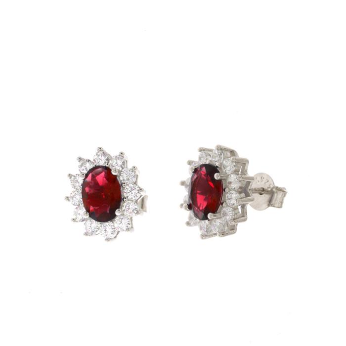 Orecchini in Argento 925 con zirconi bianchi e zircone centrale effetto rosso rubino