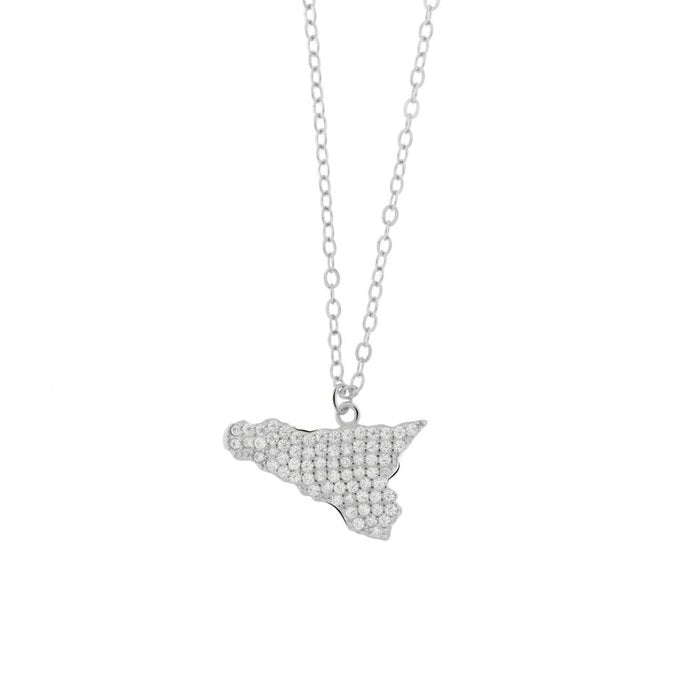 Collier en argent 925 avec pendentif île de Sicile orné de pavés de zircones blanches