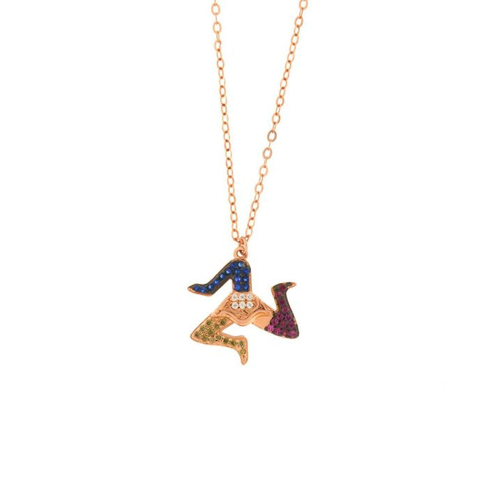 Collier en argent 925 avec pendentif Trinacria sicilien, orné de zircones multicolores sur une base brunie