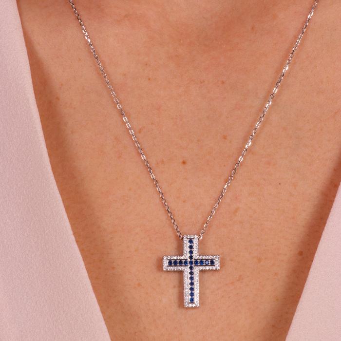 925 Silver Necklace with Blue Zircon Cross Pendant