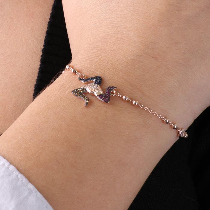 Bracelet en argent 925 avec pendentif Trinacria sicilien, orné de zircones multicolores sur une base brunie