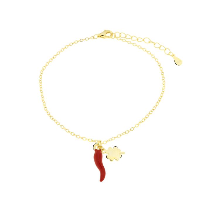 Bracciale in Argento 925 con cornetto portafortuna impreziosito da smalto rosso e quadrifoglio