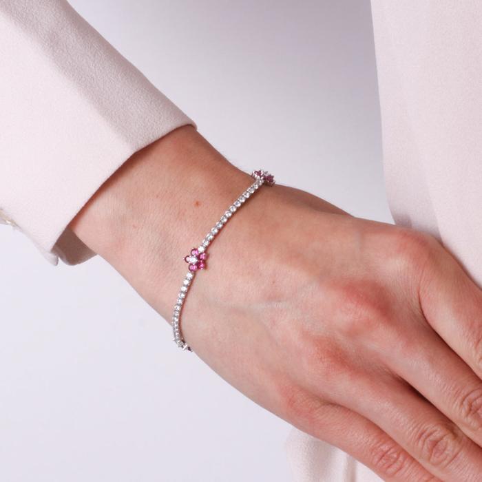 Bracelet en argent 925 avec fleurs fuchsia et zircons