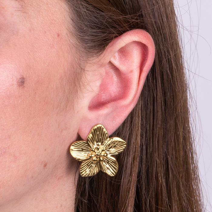 Boucles d'oreilles en acier avec fleurs rayées sur le lobe