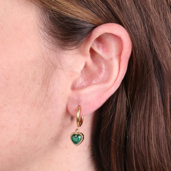 Orecchini in Acciaio cerchio con cuore verde