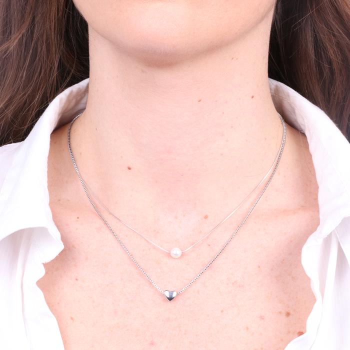 Collana in Acciaio doppia catena con perla e cuore