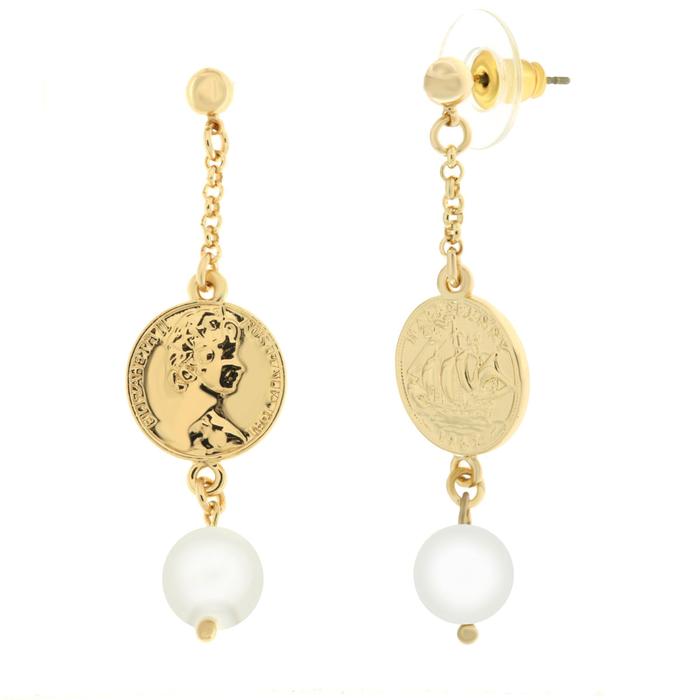 Boucles d'oreilles en métal avec pièce de monnaie et pendentif perle