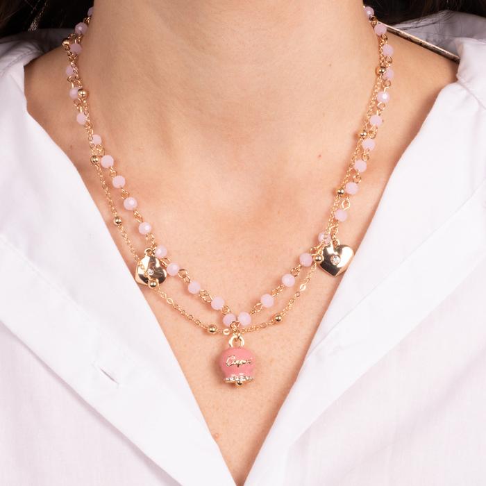 Collana in Metallo con campana smaltata rosa e cuoricini pendenti