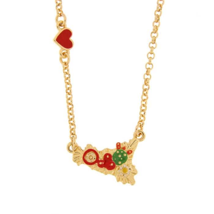 Collana in Metallo con sicilia impreziosita da cactus e cuore rosso