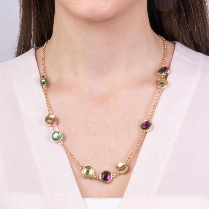 Collier en métal avec cristaux marron, verts et jaunes