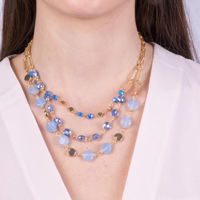 Collier multi-rangs en métal avec cristaux bleus