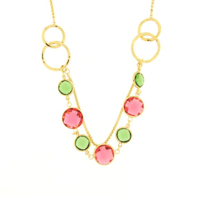Collier en métal avec cristaux rouges et verts