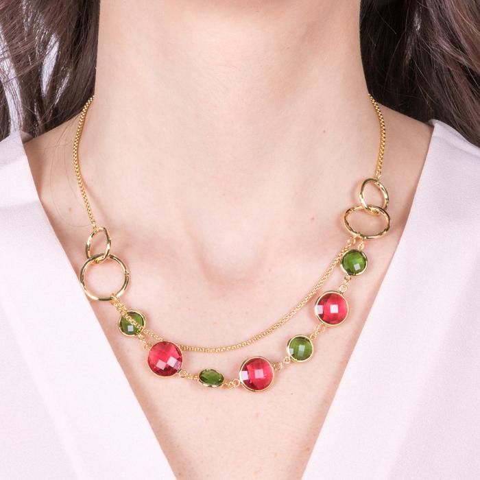 Collier en métal avec cristaux rouges et verts