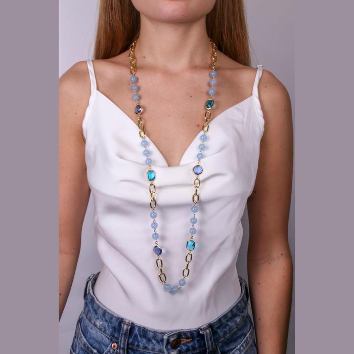 Collana in Metallo lunga coon catene , perle e cristalli blu
