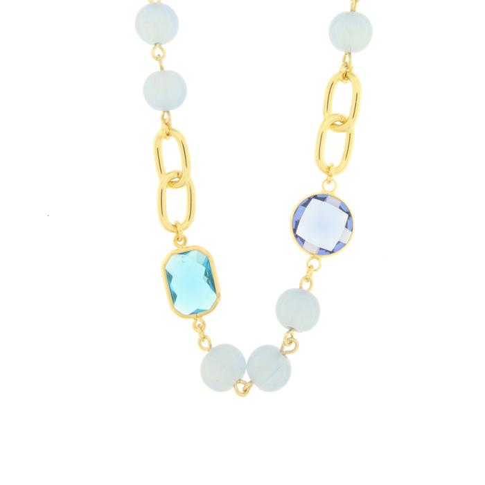 Collier en métal avec double chaîne, cristaux et perles bleues