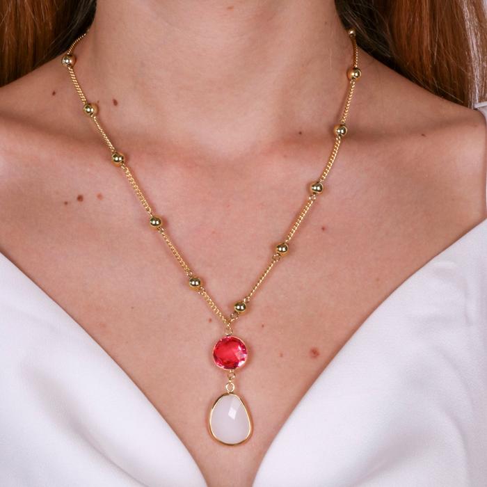 Collier en métal avec pendentif en cristal blanc et rose
