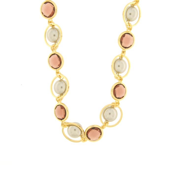 Collier en métal avec cristaux marron, cercles et perles
