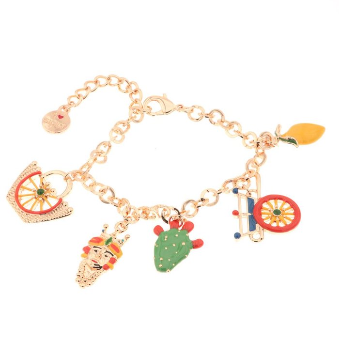 Bracelet en métal or rose avec breloques colorées Sicile, citron, coffa, tête de Maure