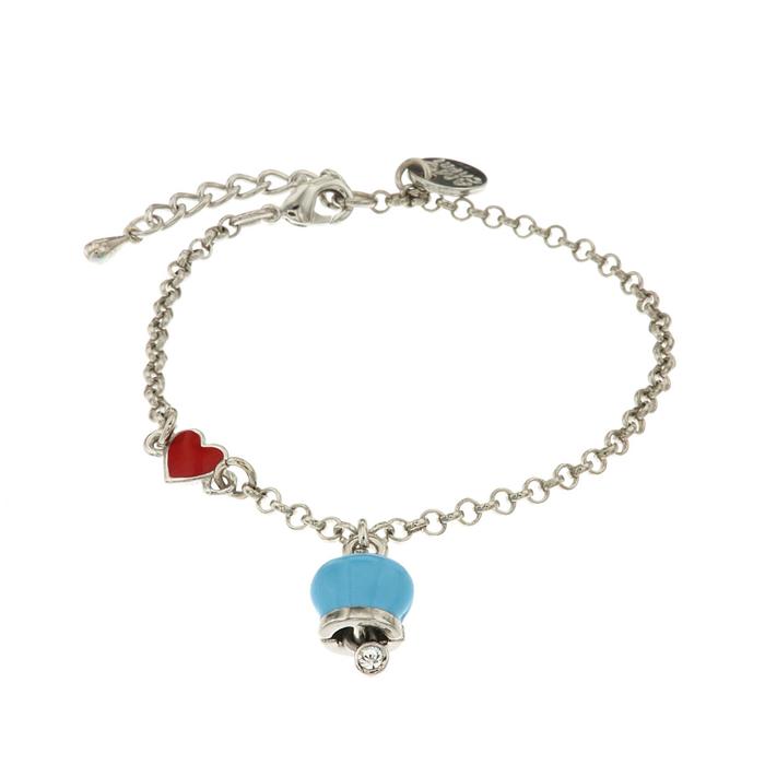 Bracciale in Metallo con cuore rosso e campanella portafortuna pendente, impreziosita da smalto azzurro e punto luce