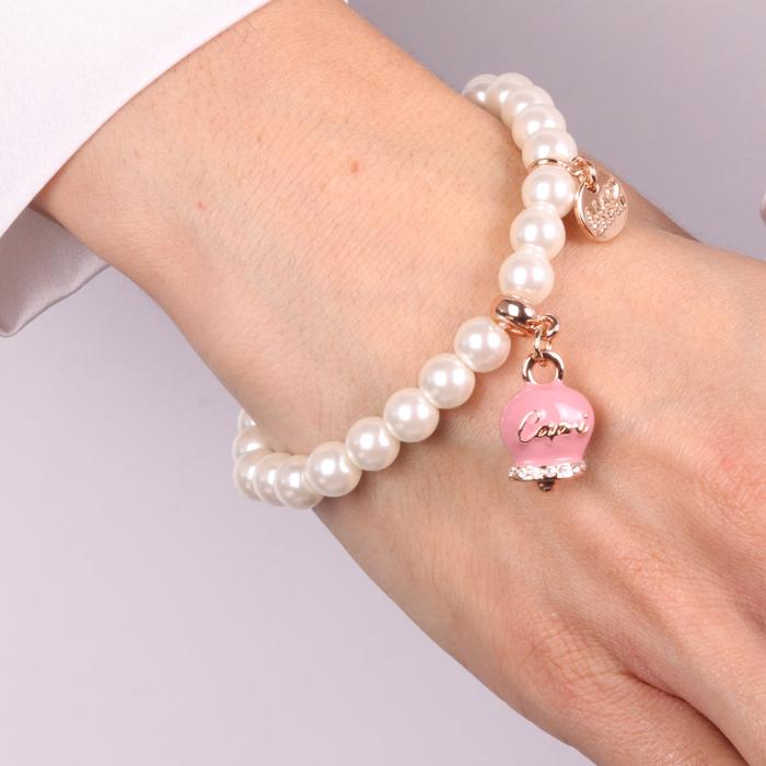 Bracelet en métal Bracelet en métal avec perles et grelot porte-bonheur en émail rose avec écriture Capri