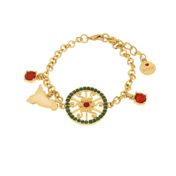 Bracelet en métal avec roue et Sicile avec cristaux verts et rouges