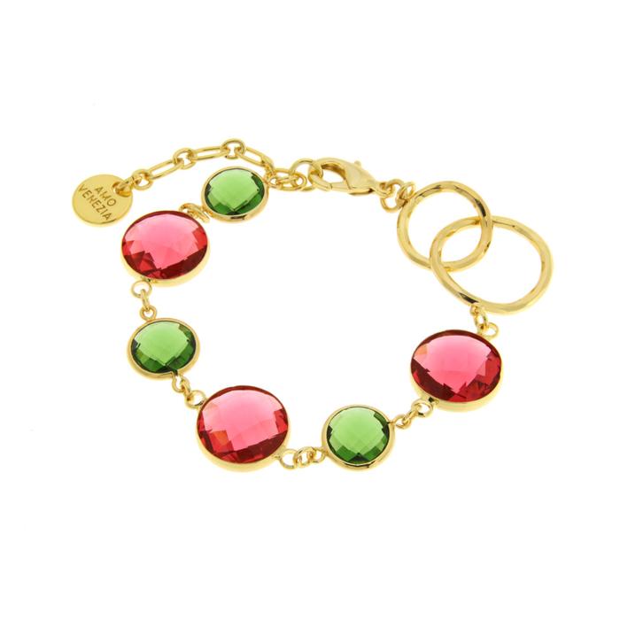 Metal Bracelet with Red and Green Colored Crystals