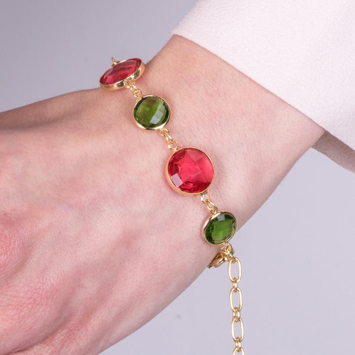 Metal Bracelet with Red and Green Colored Crystals