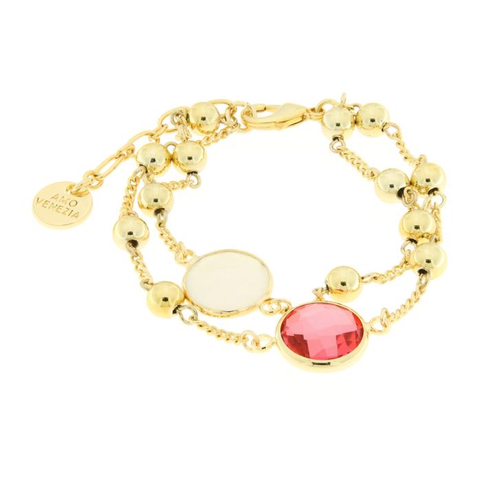 Bracelet en métal double brin avec cristal blanc et rose