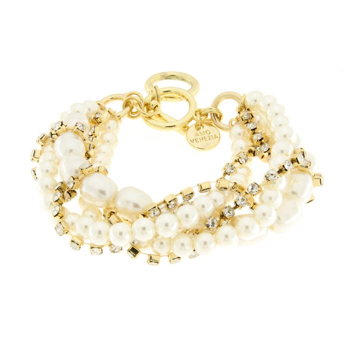 Bracelet en métal multi-rangs tissé de perles et de zircons