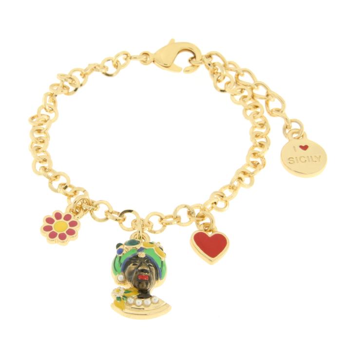 Bracciale in Metallo con testa di Moro verde  fiore  e cuore