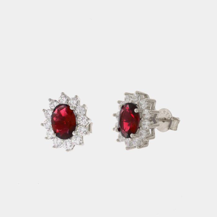 Boucles d'oreilles en argent 925 avec zircone blanche et zircone centrale effet rouge rubis