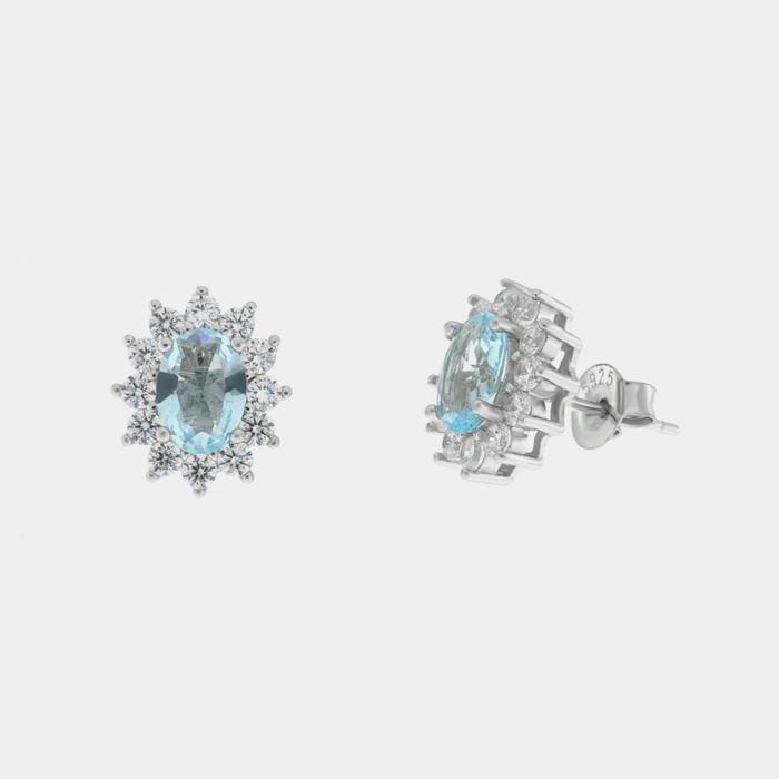 Boucles d'oreilles en argent 925 avec zircone blanche et zircone centrale aqua