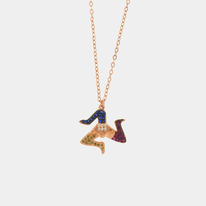Collana in Argento 925 con ciondolo trinacria siciliana, impreziosita da zirconi multicolore su base brunita