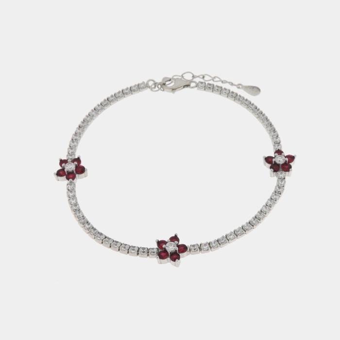 Bracelet en argent 925 avec fleurs fuchsia et zircons