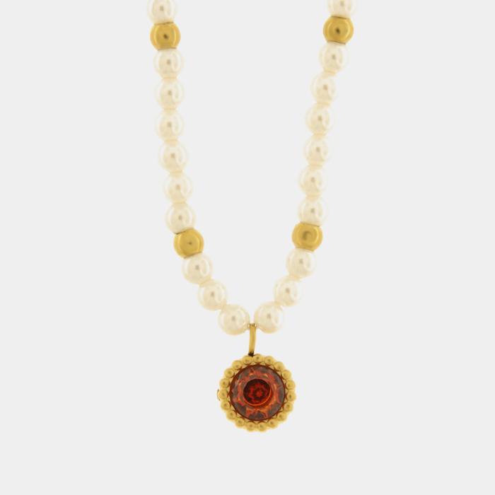 Collana in Acciaio con giro di perle e cristallo rosso