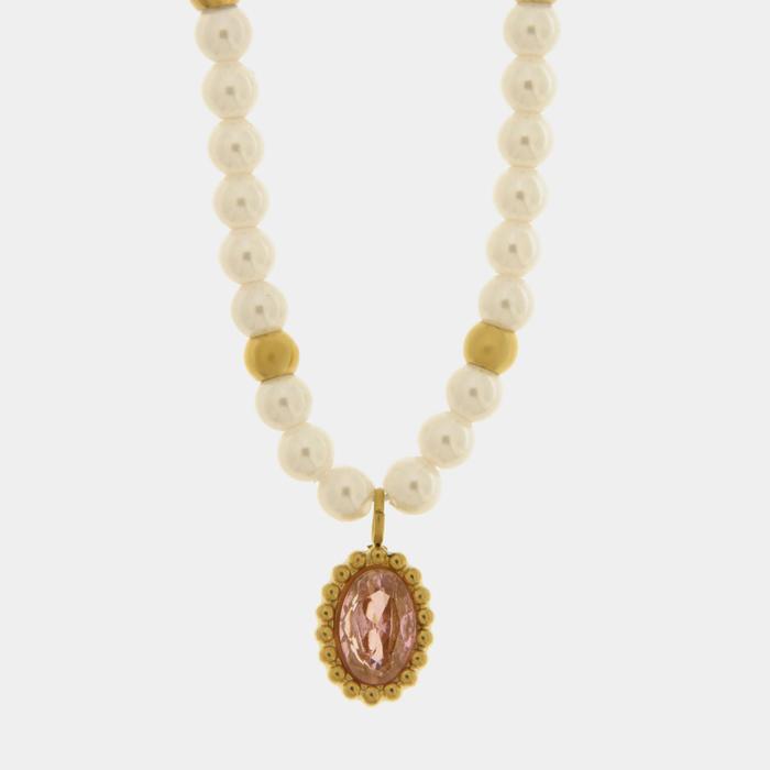 Collana in Acciaio con giro di perle e cristallo ovale rosa