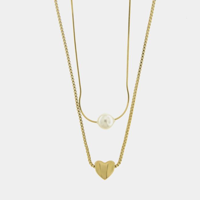 Collana in Acciaio doppia catena con perla e cuore
