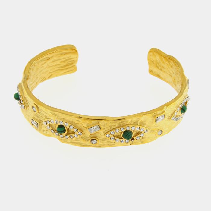 Bracelet semi-rigide en acier orné d'yeux verts