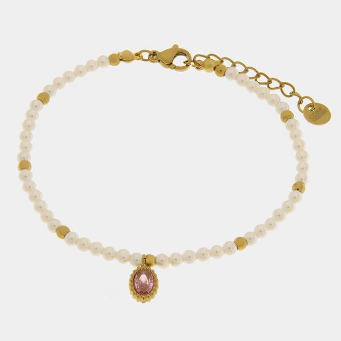 Bracciale in Acciaio con giro di perle e cristallo ovale rosa