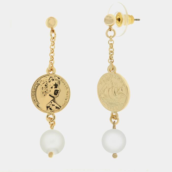 Boucles d'oreilles en métal avec pièce de monnaie et pendentif perle