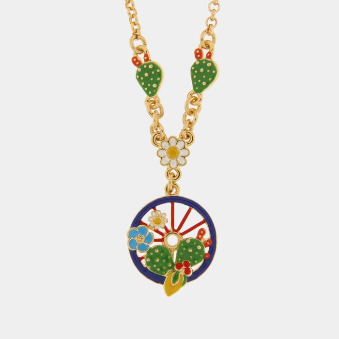 Collier en métal avec roue bleue ornée de cactus, citrons et fleurs