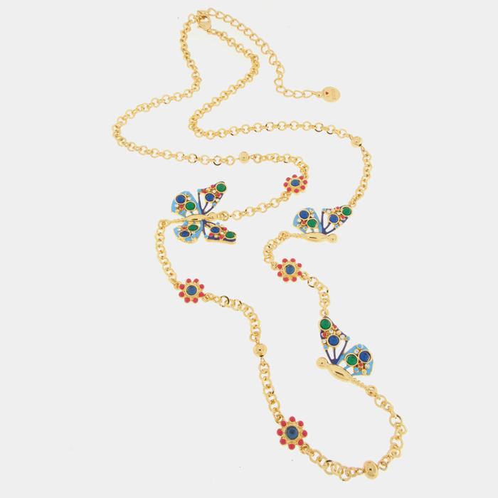 Collier en métal avec papillon multicolore et fleurs rouges