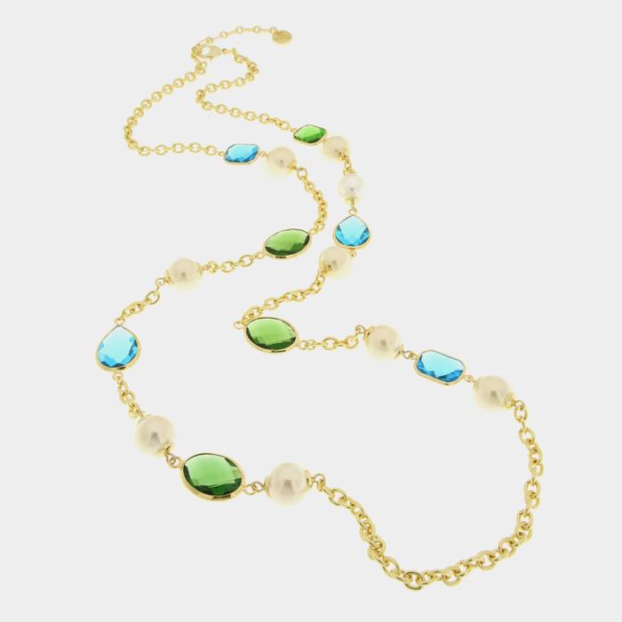 Collana in Metallo con cristalli blu e verdi e perle sintetiche