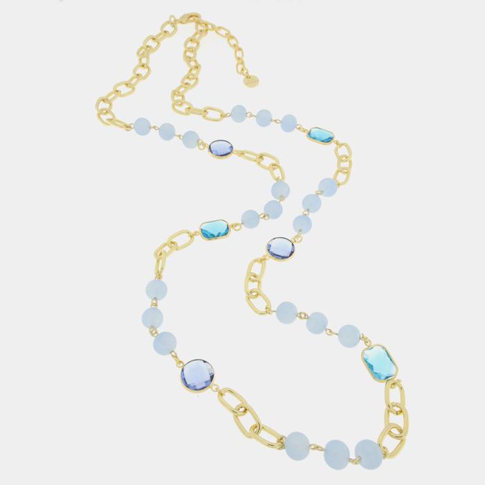 Collana in Metallo lunga coon catene , perle e cristalli blu