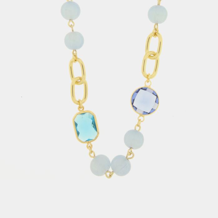 Collier en métal avec double chaîne, cristaux et perles bleues
