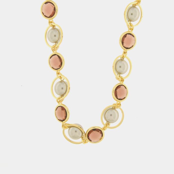 Collier en métal avec cristaux marron, cercles et perles