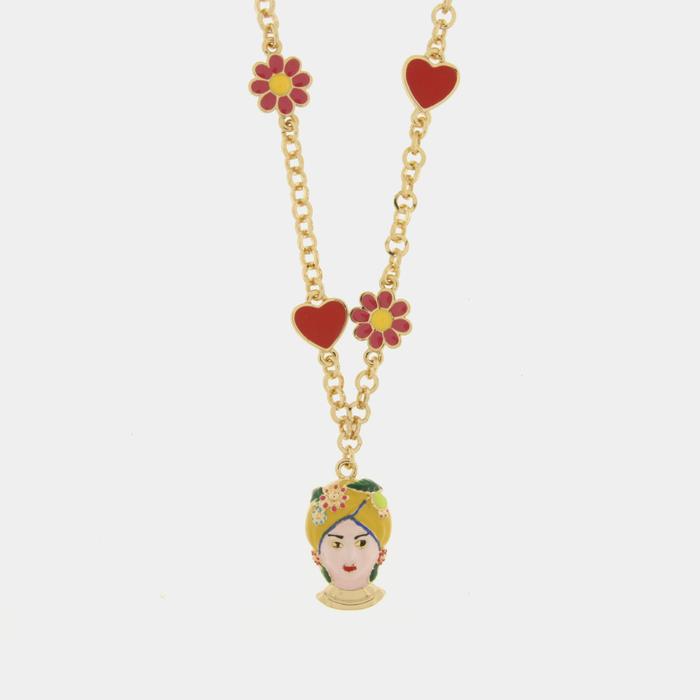 Collana in Metallo con Testa di Moro gialla cuori e fiori