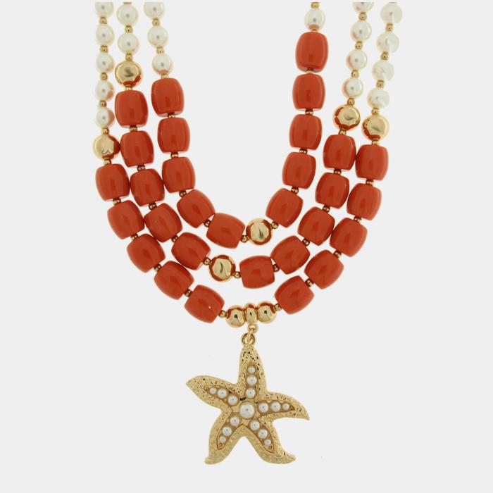 Collana in Metallo conchiglia con sfere rosse e bianche